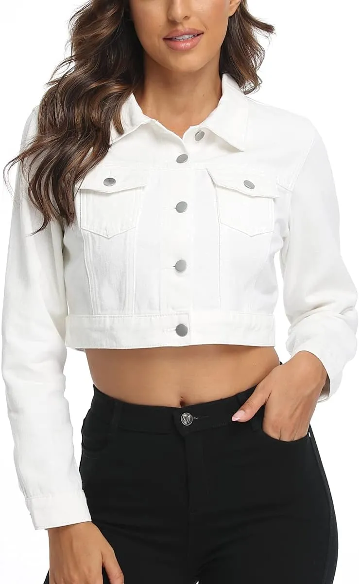 PEIQI Women’s Cropped Jean Denim Jacket Button Down Long Sleeve with Pockets