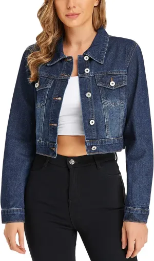 PEIQI Women’s Cropped Jean Denim Jacket Button Down Long Sleeve with Pockets