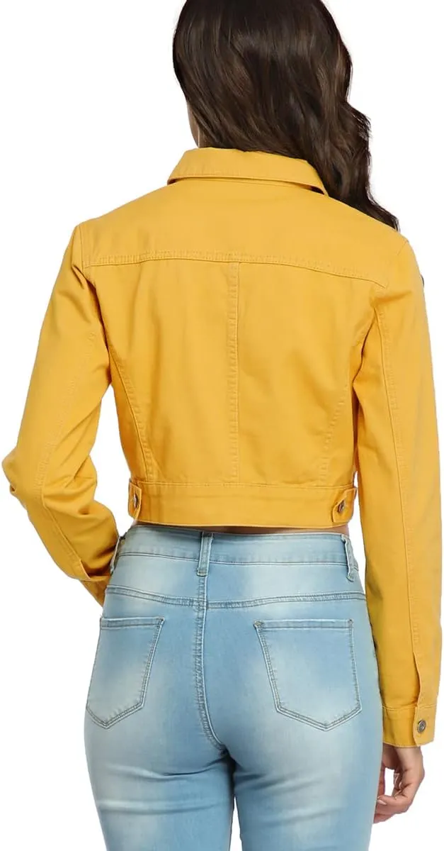PEIQI Women’s Cropped Jean Denim Jacket Button Down Long Sleeve with Pockets