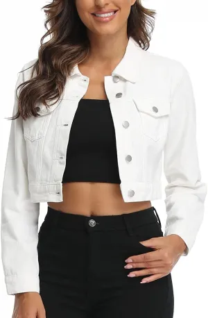 PEIQI Women’s Cropped Jean Denim Jacket Button Down Long Sleeve with Pockets