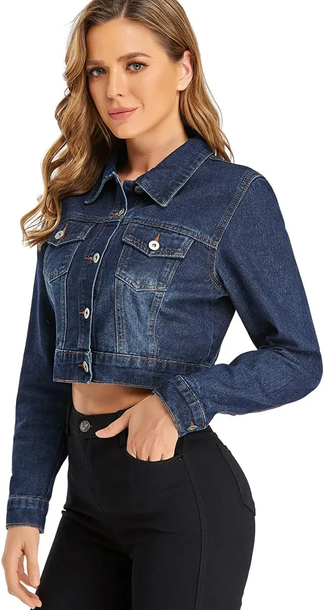 PEIQI Women’s Cropped Jean Denim Jacket Button Down Long Sleeve with Pockets