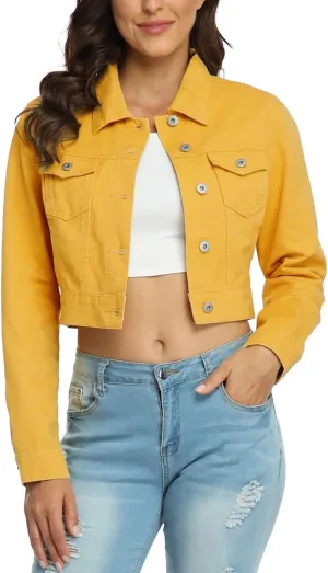 PEIQI Women’s Cropped Jean Denim Jacket Button Down Long Sleeve with Pockets