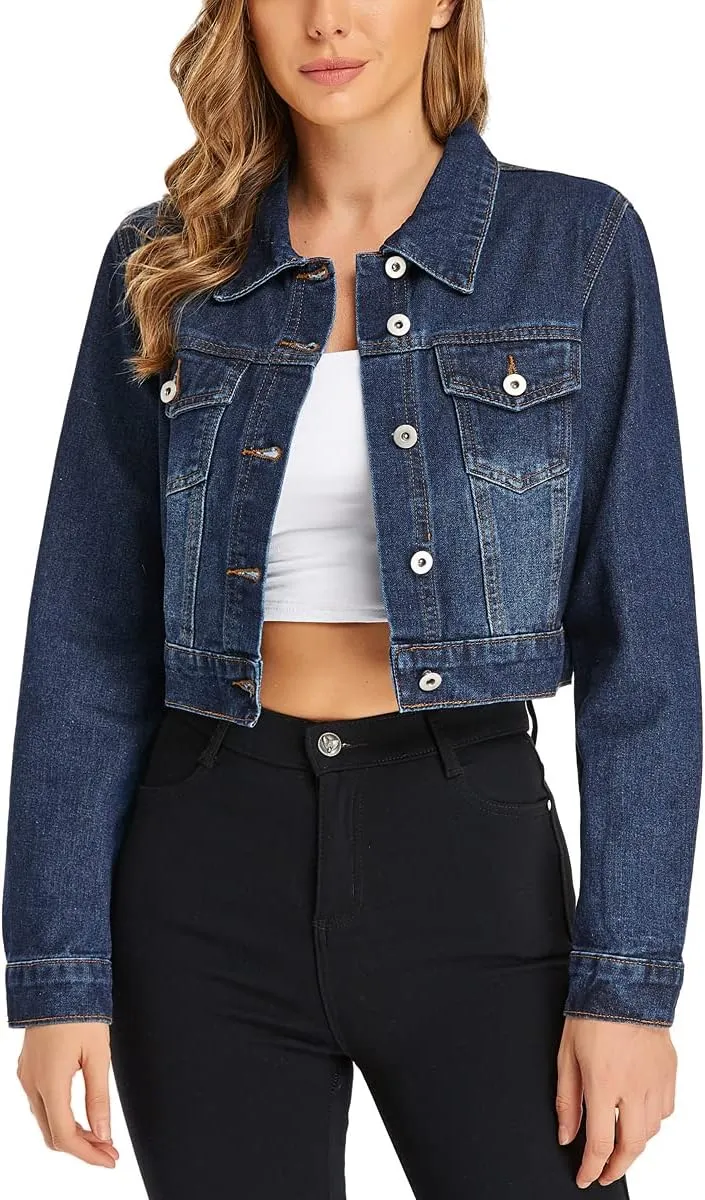 PEIQI Women’s Cropped Jean Denim Jacket Button Down Long Sleeve with Pockets