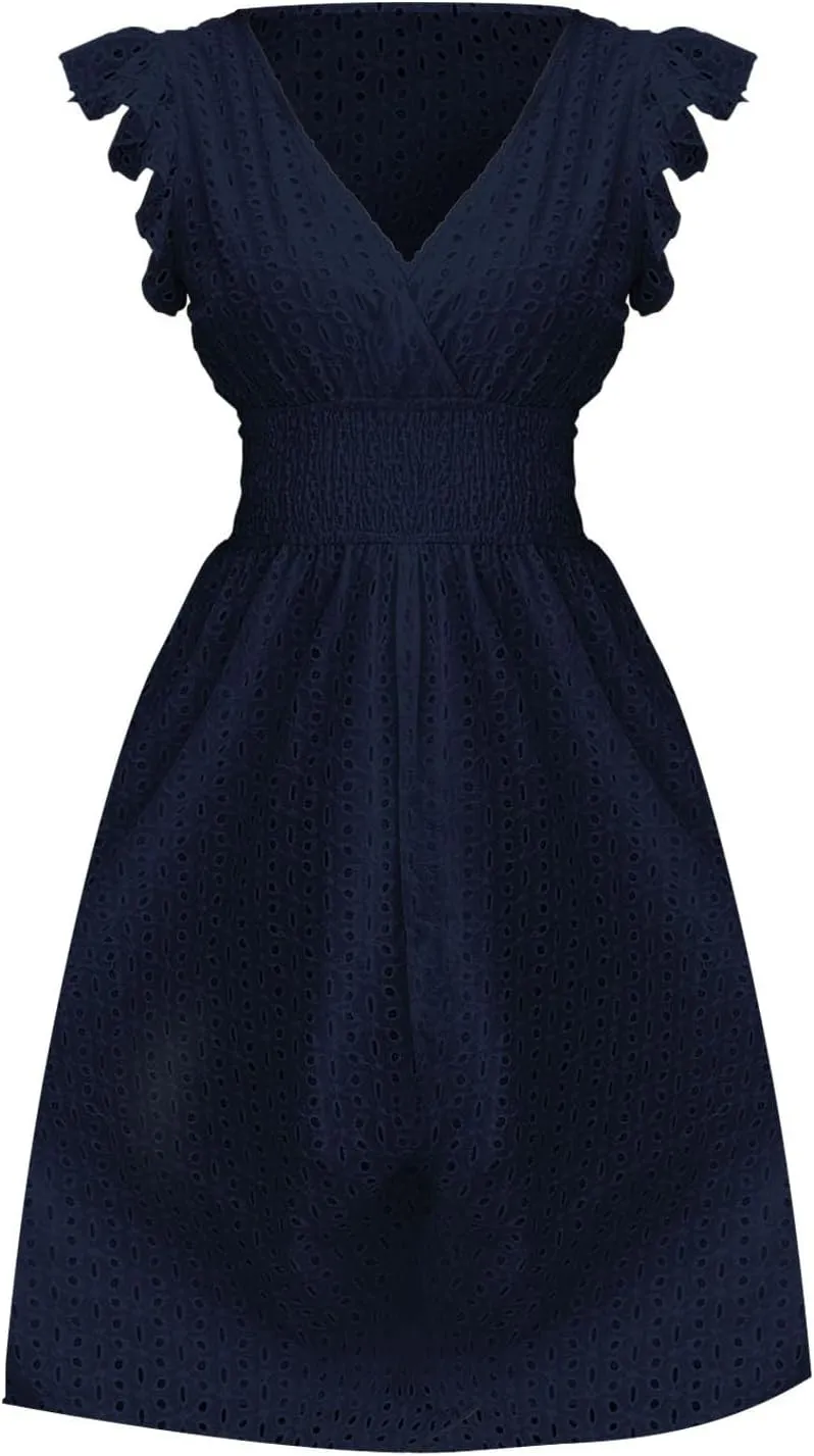 Petite Dresses for Women 5 ft Plus Size Floral Lace Embroidery V-Neck A-Line Midi Dress Breathable Hollow Out Design