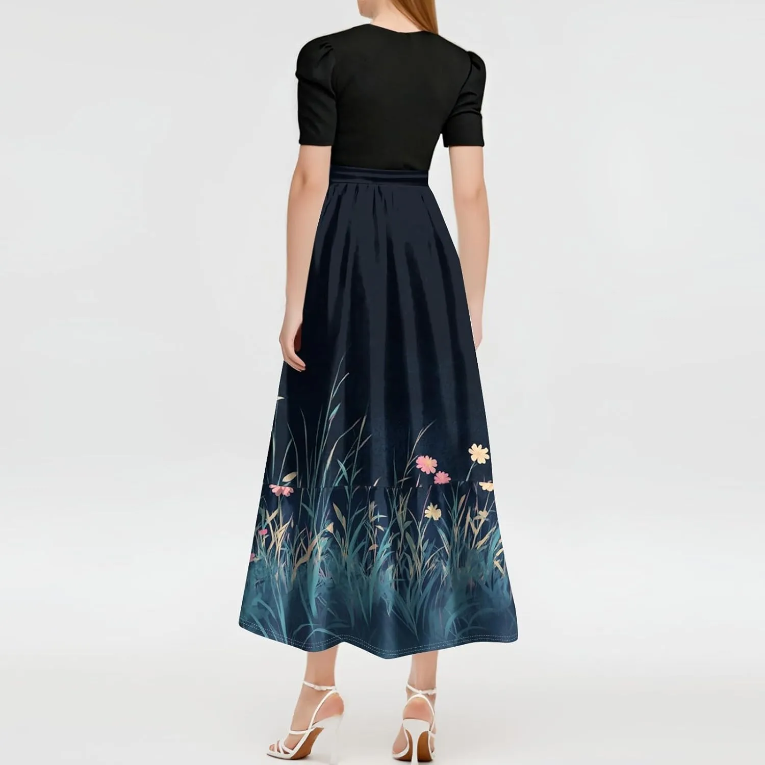 Pink Puff Summer Dresses for Women 2025- Floral Print Wrap Short Sleeve Maxi Dress Patchwork Ruffle Hem A Line Dress