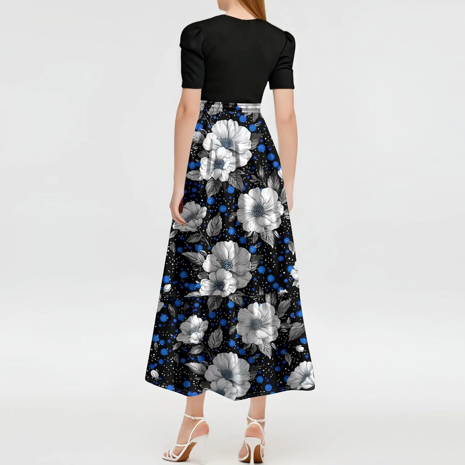 Pink Puff Summer Dresses for Women 2025- Floral Print Wrap Short Sleeve Maxi Dress Patchwork Ruffle Hem A Line Dress
