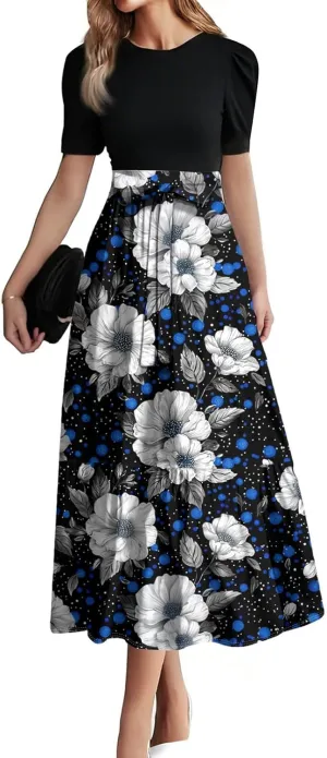 Pink Puff Summer Dresses for Women 2025- Floral Print Wrap Short Sleeve Maxi Dress Patchwork Ruffle Hem A Line Dress