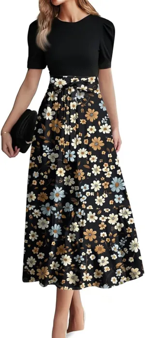 Pink Puff Summer Dresses for Women 2025- Floral Print Wrap Short Sleeve Maxi Dress Patchwork Ruffle Hem A Line Dress