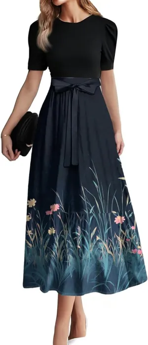 Pink Puff Summer Dresses for Women 2025- Floral Print Wrap Short Sleeve Maxi Dress Patchwork Ruffle Hem A Line Dress