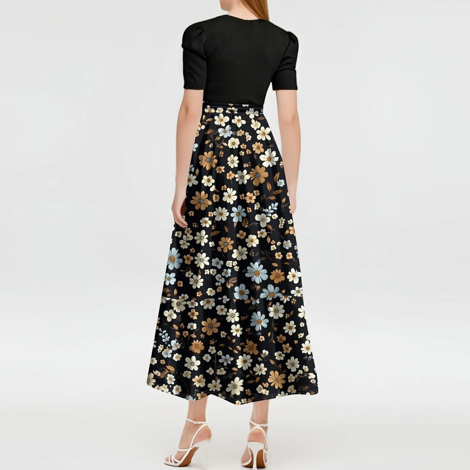 Pink Puff Summer Dresses for Women 2025- Floral Print Wrap Short Sleeve Maxi Dress Patchwork Ruffle Hem A Line Dress