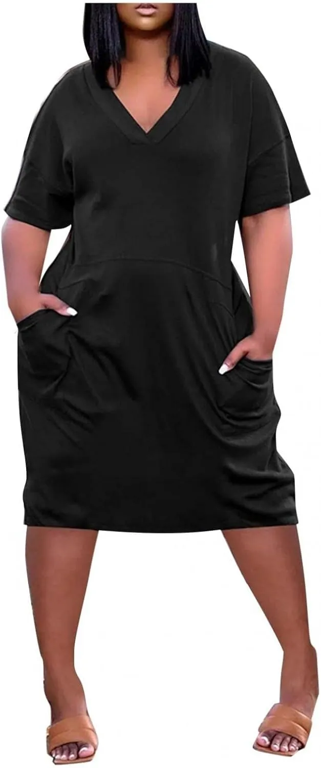 Plus Size Dresses for Curvy Women 2025 Summer Casual Short Sleeve Midi Dress with Pockets A Line T Shirt Beach Vacation Dress