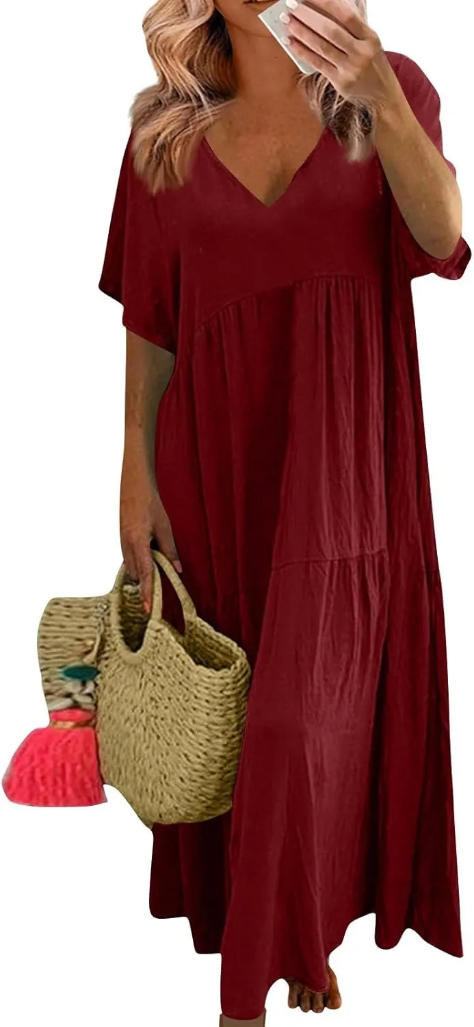 Plus Size Dresses for Curvy Women 2025 Summer Plus Size Linen Dress Casual Short Sleeve T-Shirt Dress with Pockets