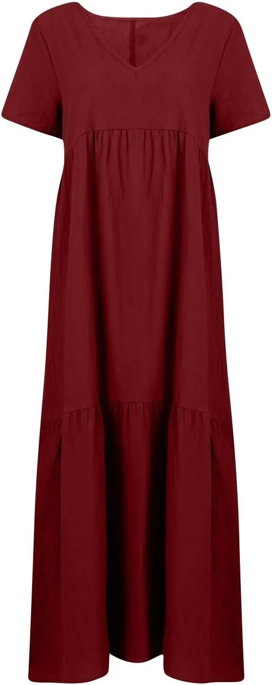 Plus Size Dresses for Curvy Women 2025 Summer Plus Size Linen Dress Casual Short Sleeve T-Shirt Dress with Pockets