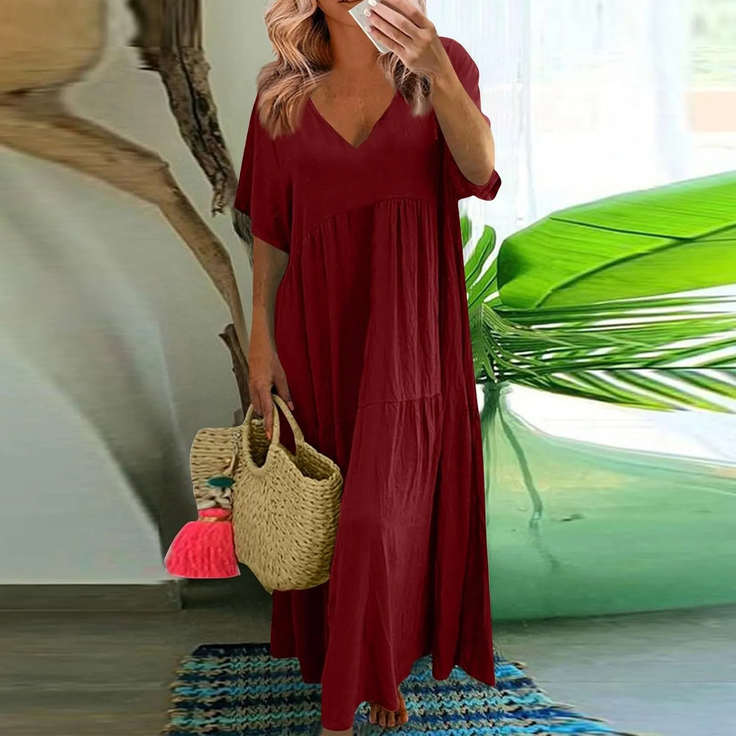 Plus Size Dresses for Curvy Women 2025 Summer Plus Size Linen Dress Casual Short Sleeve T-Shirt Dress with Pockets