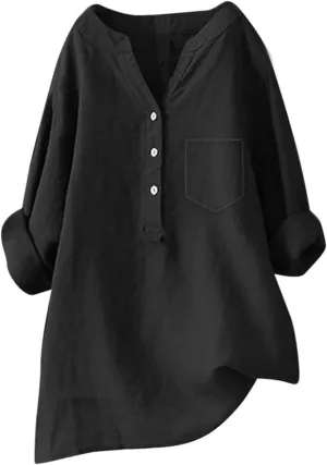 Plus Size Linen Tops for Women Summer Loose V Neck Button Down Long Sleeve T-Shirts Casual Plain Pullover Tee Shirts
