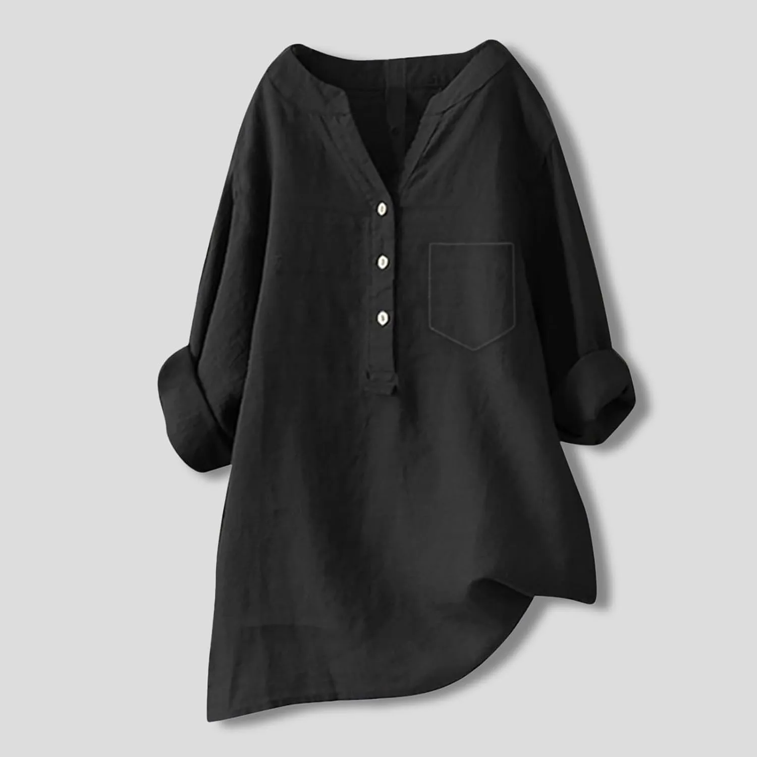 Plus Size Linen Tops for Women Summer Loose V Neck Button Down Long Sleeve T-Shirts Casual Plain Pullover Tee Shirts