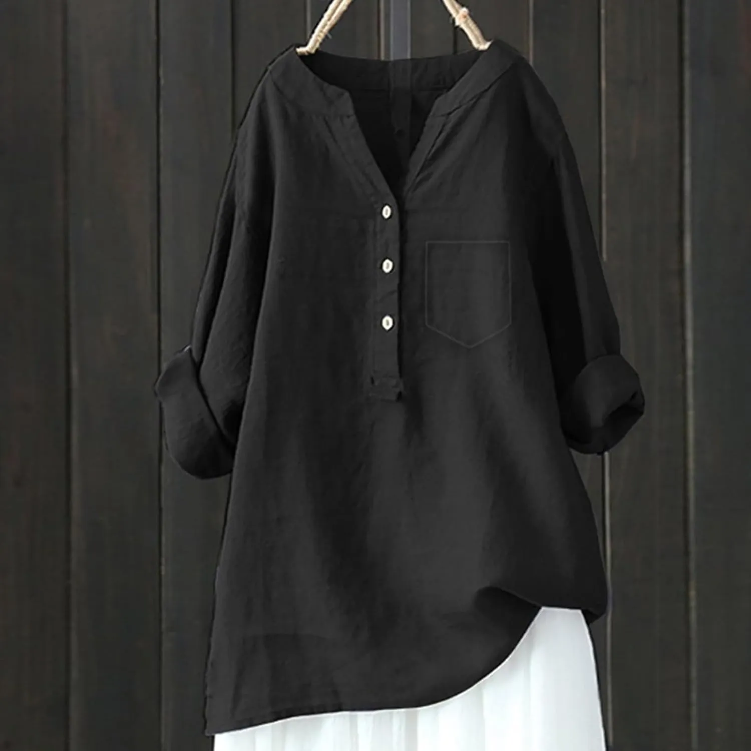 Plus Size Linen Tops for Women Summer Loose V Neck Button Down Long Sleeve T-Shirts Casual Plain Pullover Tee Shirts