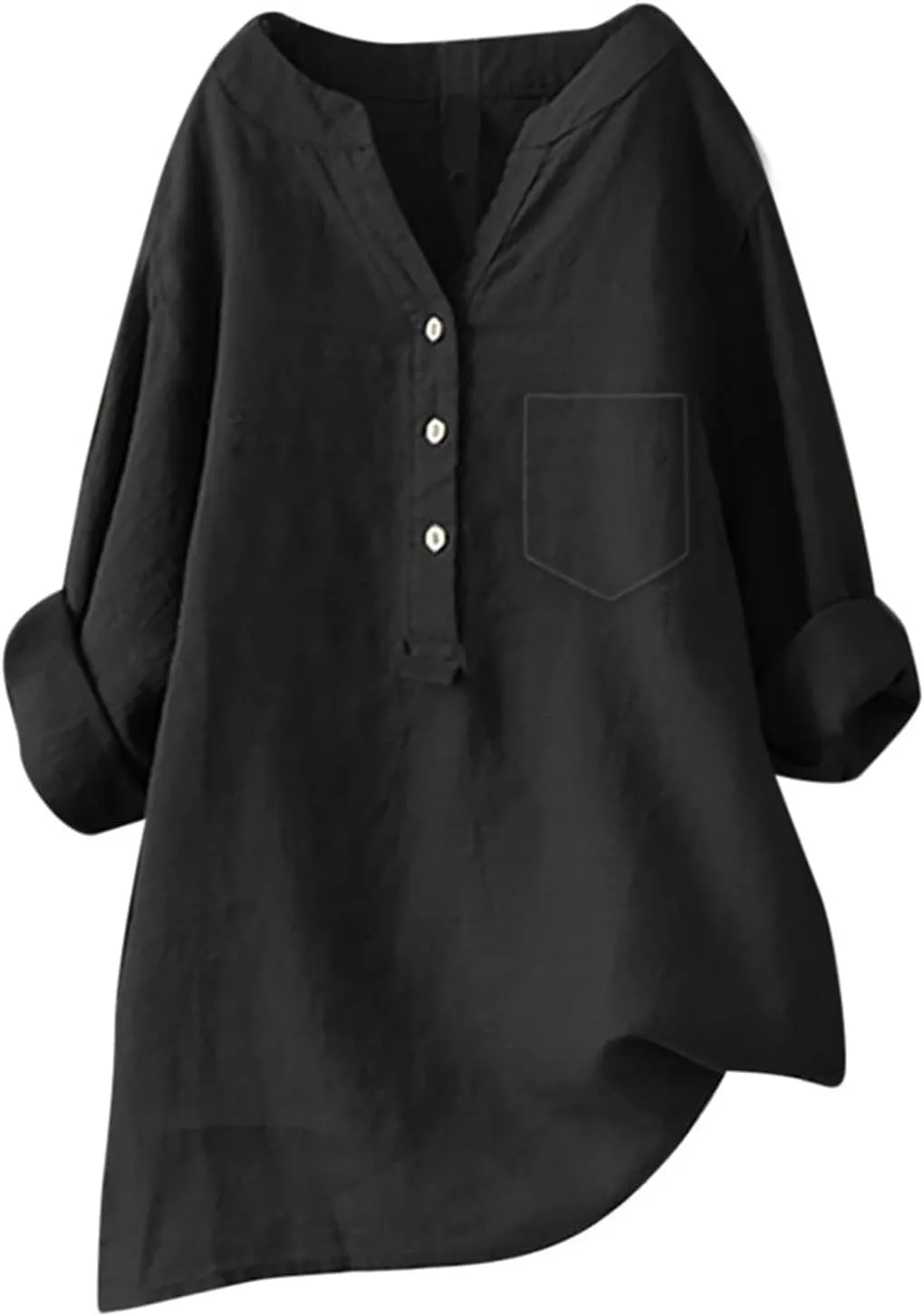 Plus Size Linen Tops for Women Summer Loose V Neck Button Down Long Sleeve T-Shirts Casual Plain Pullover Tee Shirts