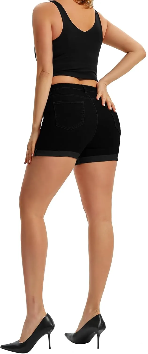 Pnadty Women's Summer High Waisted Stretch Denim Shorts Casual Folded Hem Jean Shorts