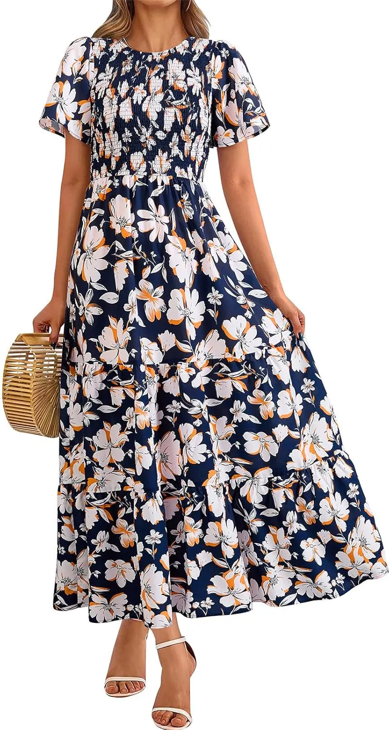 PRETTYGARDEN Women's 2025 Summer Casual Flutter Short Sleeve Boho Floral Maxi Dress Crew Neck Smocked Tiered Long Dresses
