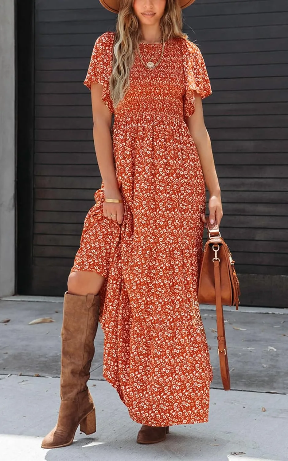 PRETTYGARDEN Women's 2025 Summer Casual Flutter Short Sleeve Boho Floral Maxi Dress Crew Neck Smocked Tiered Long Dresses