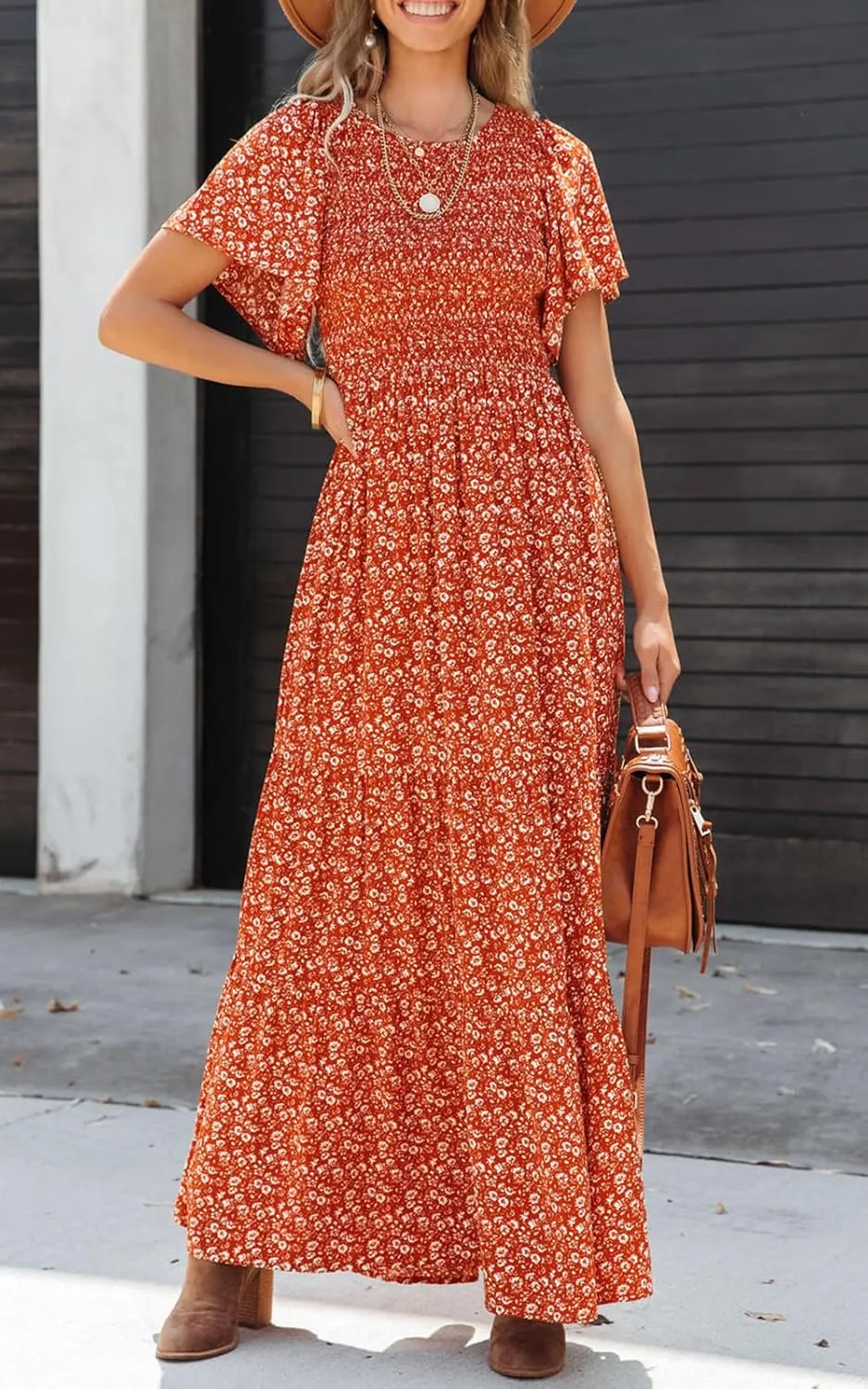 PRETTYGARDEN Women's 2025 Summer Casual Flutter Short Sleeve Boho Floral Maxi Dress Crew Neck Smocked Tiered Long Dresses