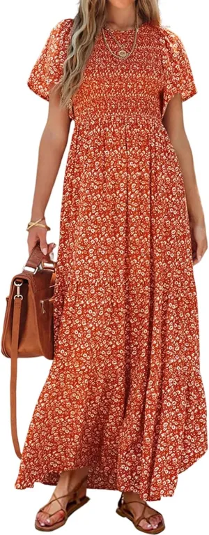 PRETTYGARDEN Women's 2025 Summer Casual Flutter Short Sleeve Boho Floral Maxi Dress Crew Neck Smocked Tiered Long Dresses