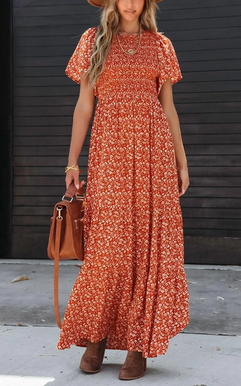 PRETTYGARDEN Women's 2025 Summer Casual Flutter Short Sleeve Boho Floral Maxi Dress Crew Neck Smocked Tiered Long Dresses