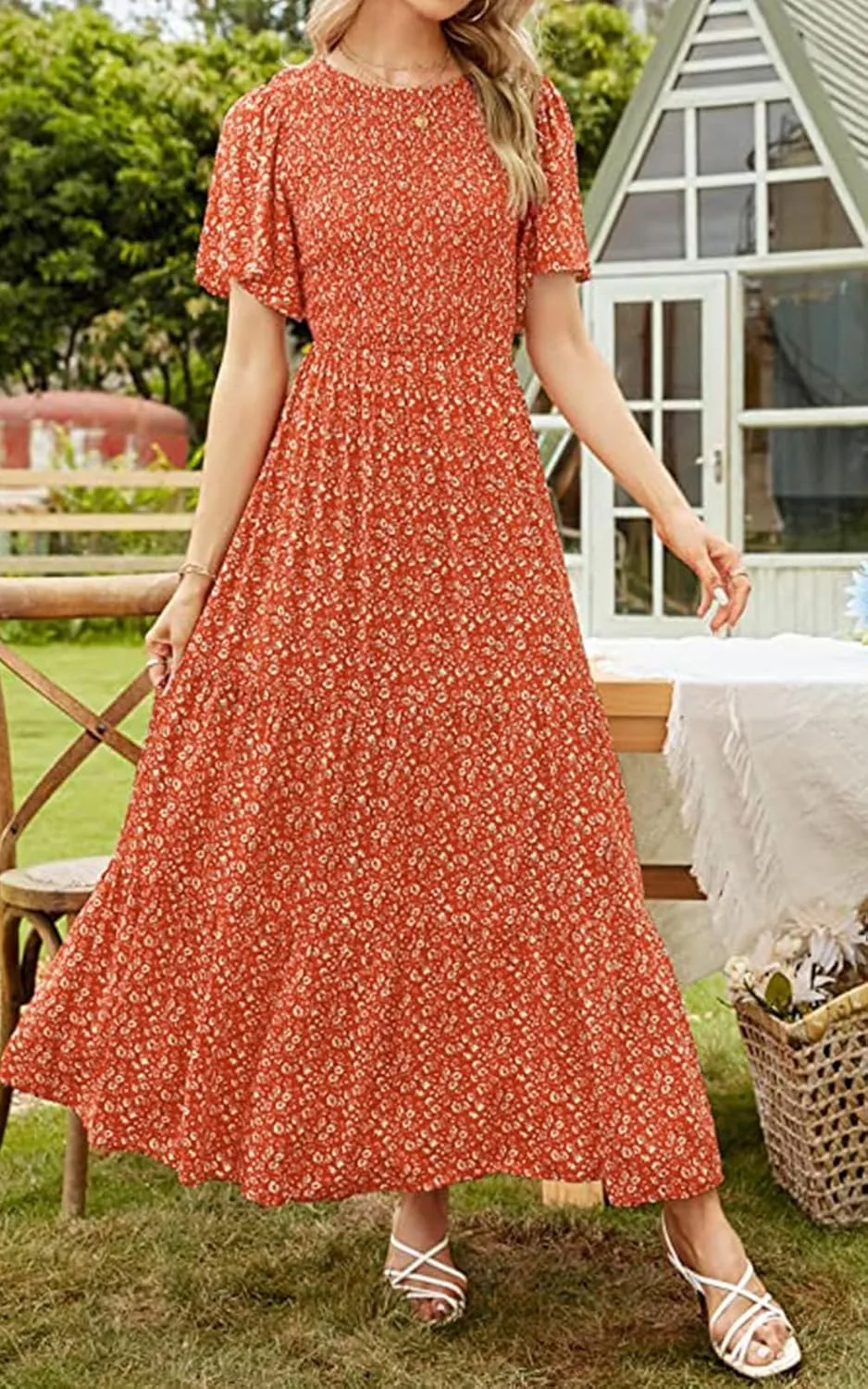 PRETTYGARDEN Women's 2025 Summer Casual Flutter Short Sleeve Boho Floral Maxi Dress Crew Neck Smocked Tiered Long Dresses