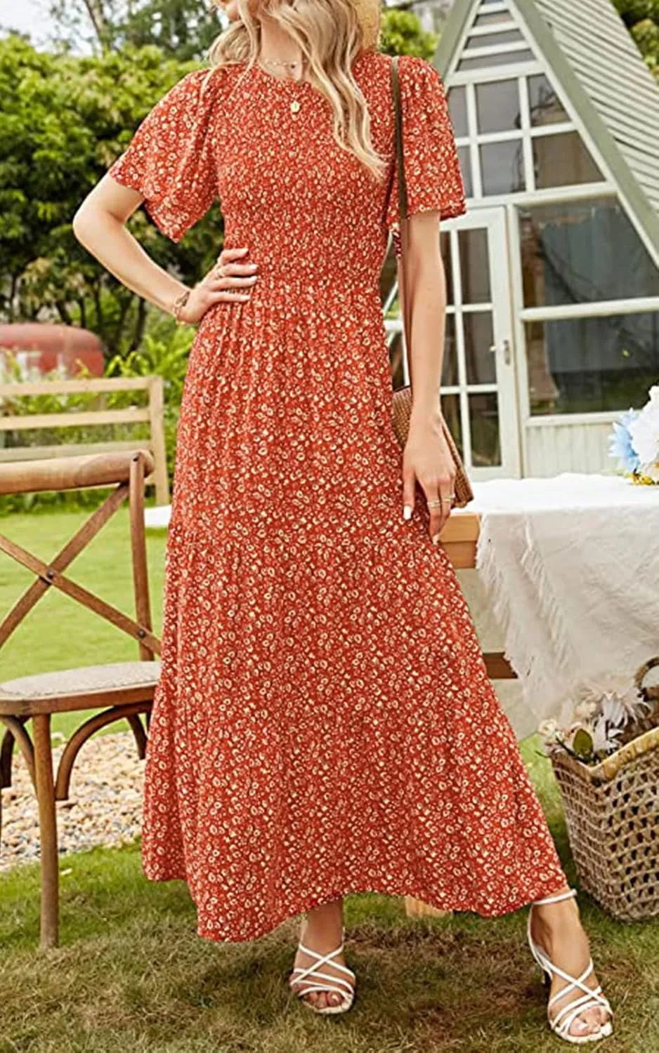 PRETTYGARDEN Women's 2025 Summer Casual Flutter Short Sleeve Boho Floral Maxi Dress Crew Neck Smocked Tiered Long Dresses