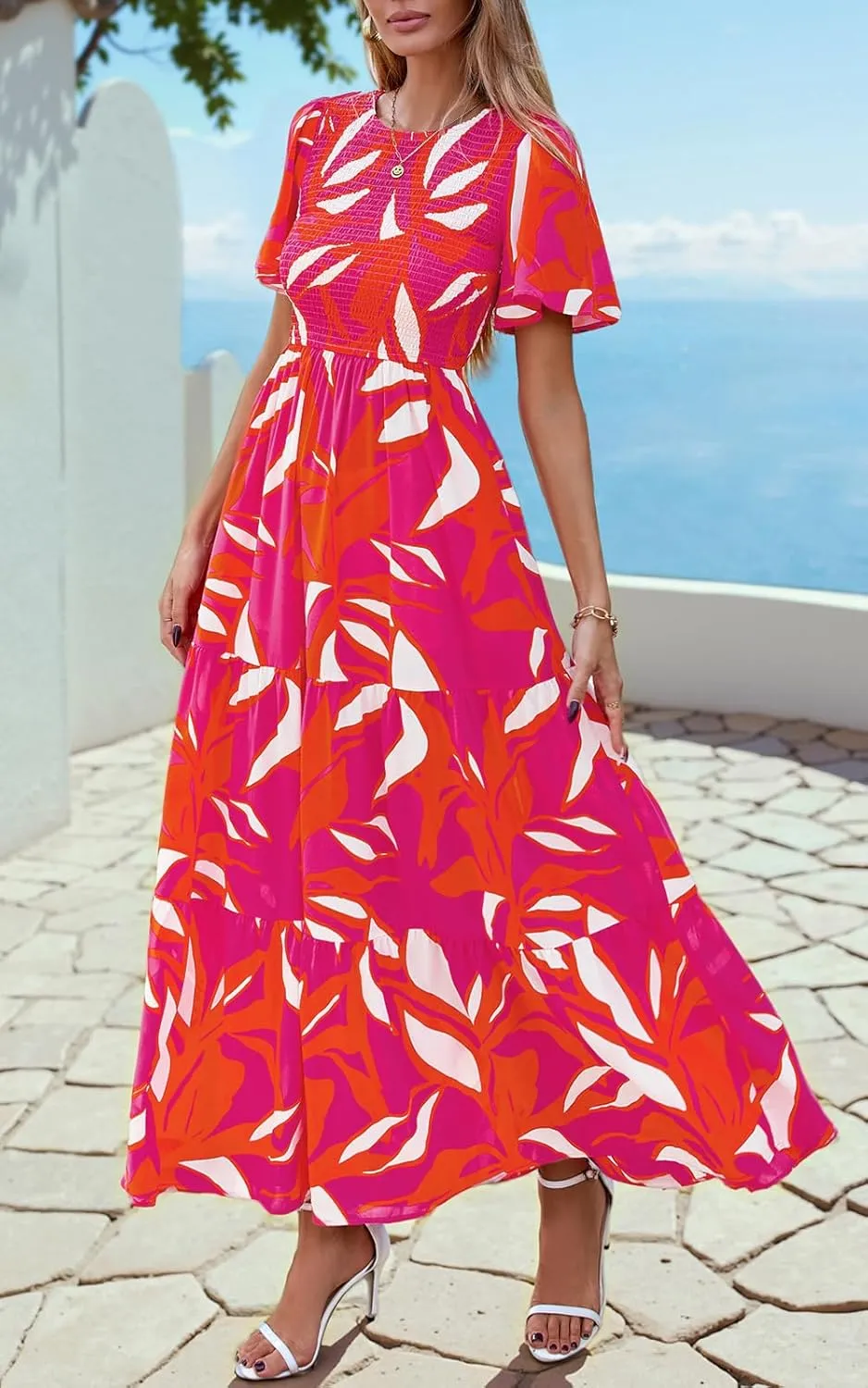 PRETTYGARDEN Women's 2025 Summer Casual Flutter Short Sleeve Boho Floral Maxi Dress Crew Neck Smocked Tiered Long Dresses