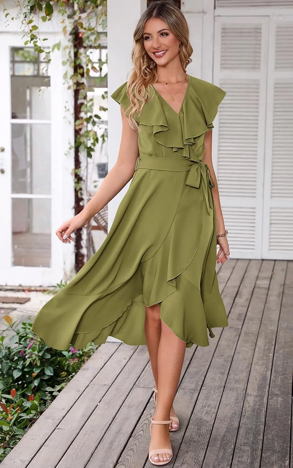 PRETTYGARDEN Women's 2025 Summer Cross Midi Dress Casual Boho Deep V Neck Short Sleeve Ruffle Hem Split Beach Long Dresses