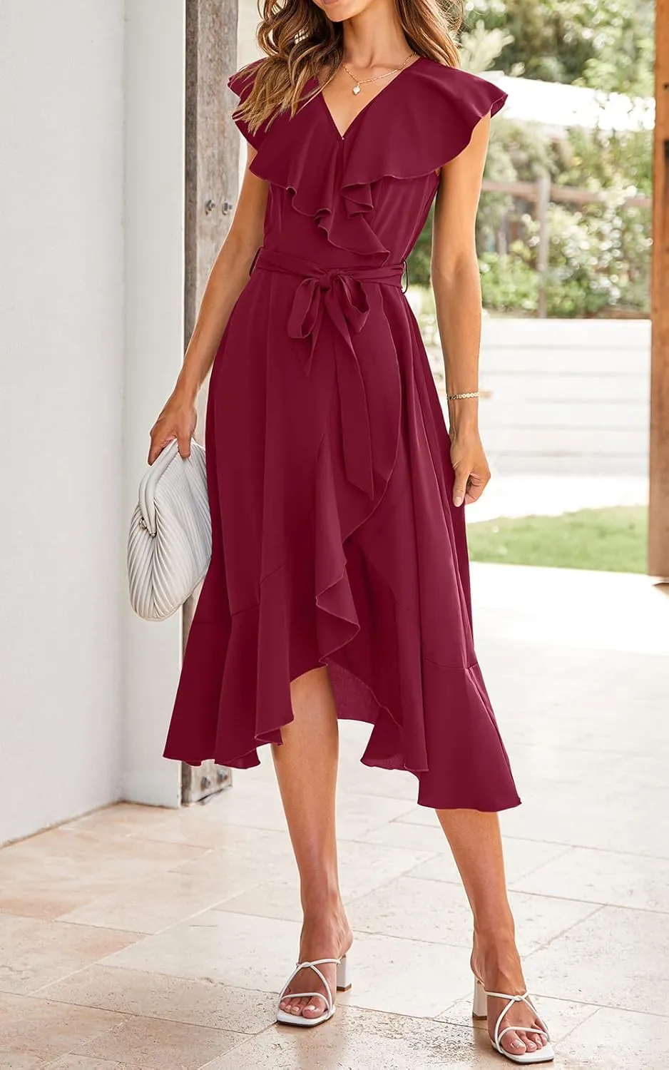 PRETTYGARDEN Women's 2025 Summer Cross Midi Dress Casual Boho Deep V Neck Short Sleeve Ruffle Hem Split Beach Long Dresses