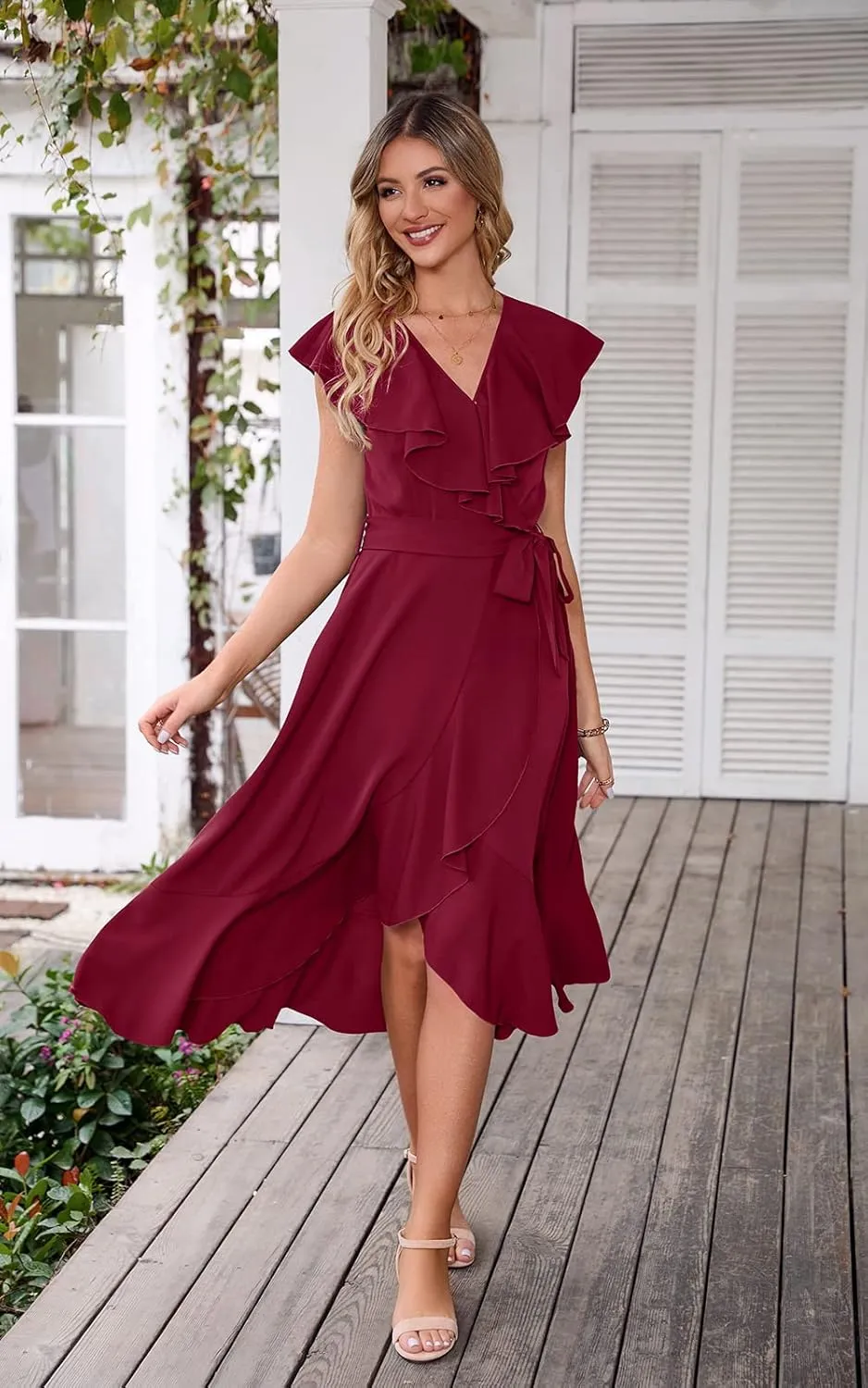 PRETTYGARDEN Women's 2025 Summer Cross Midi Dress Casual Boho Deep V Neck Short Sleeve Ruffle Hem Split Beach Long Dresses