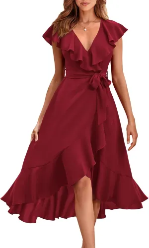 PRETTYGARDEN Women's 2025 Summer Cross Midi Dress Casual Boho Deep V Neck Short Sleeve Ruffle Hem Split Beach Long Dresses