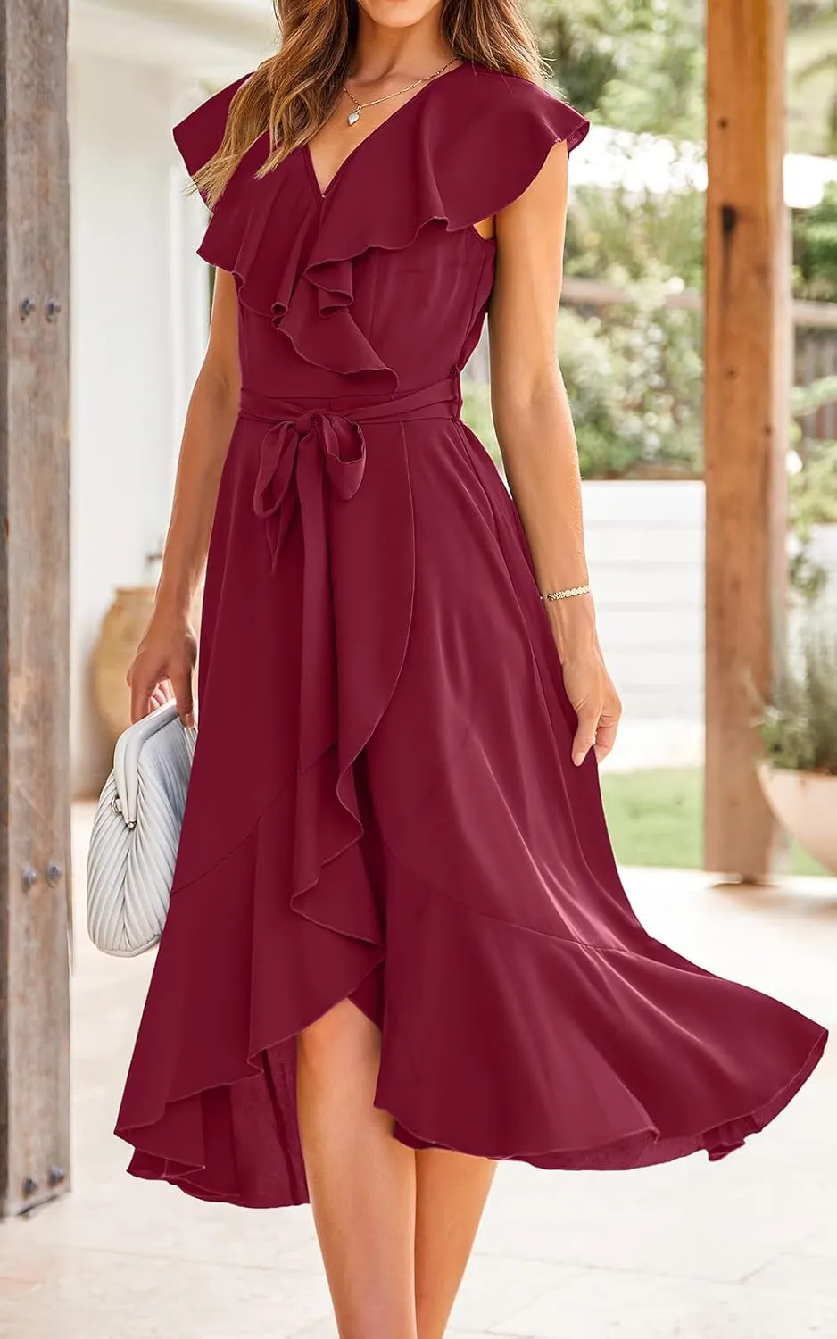 PRETTYGARDEN Women's 2025 Summer Cross Midi Dress Casual Boho Deep V Neck Short Sleeve Ruffle Hem Split Beach Long Dresses