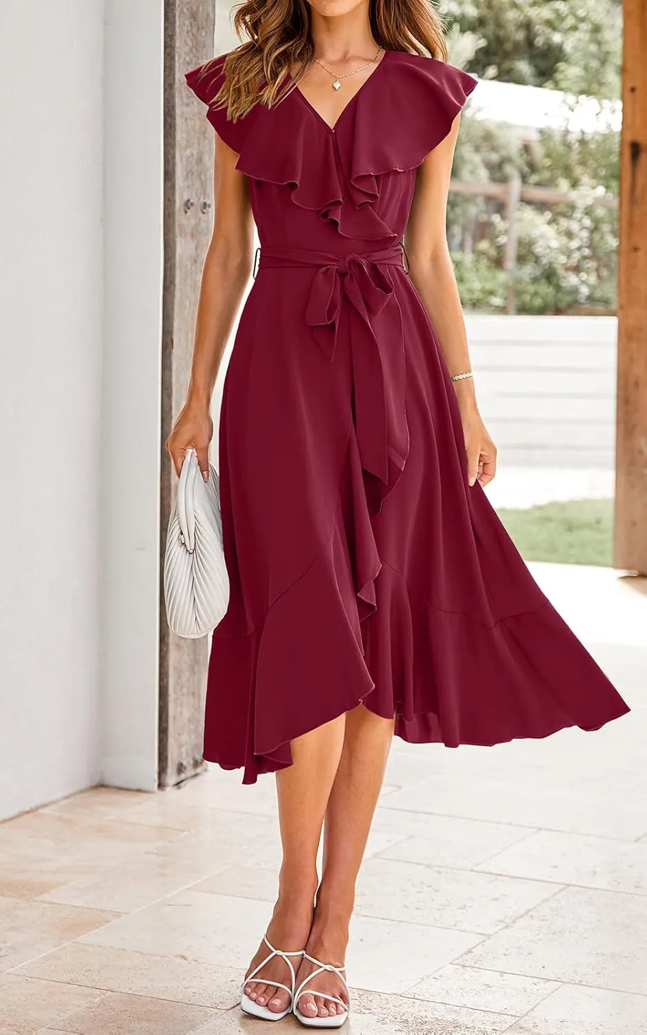 PRETTYGARDEN Women's 2025 Summer Cross Midi Dress Casual Boho Deep V Neck Short Sleeve Ruffle Hem Split Beach Long Dresses