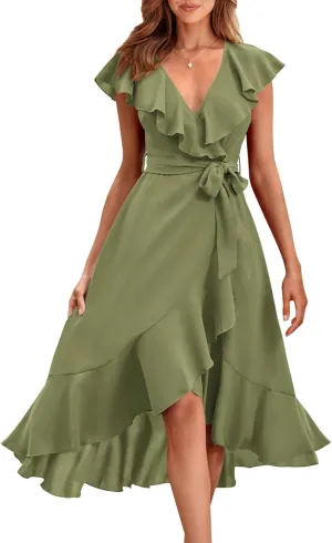 PRETTYGARDEN Women's 2025 Summer Cross Midi Dress Casual Boho Deep V Neck Short Sleeve Ruffle Hem Split Beach Long Dresses