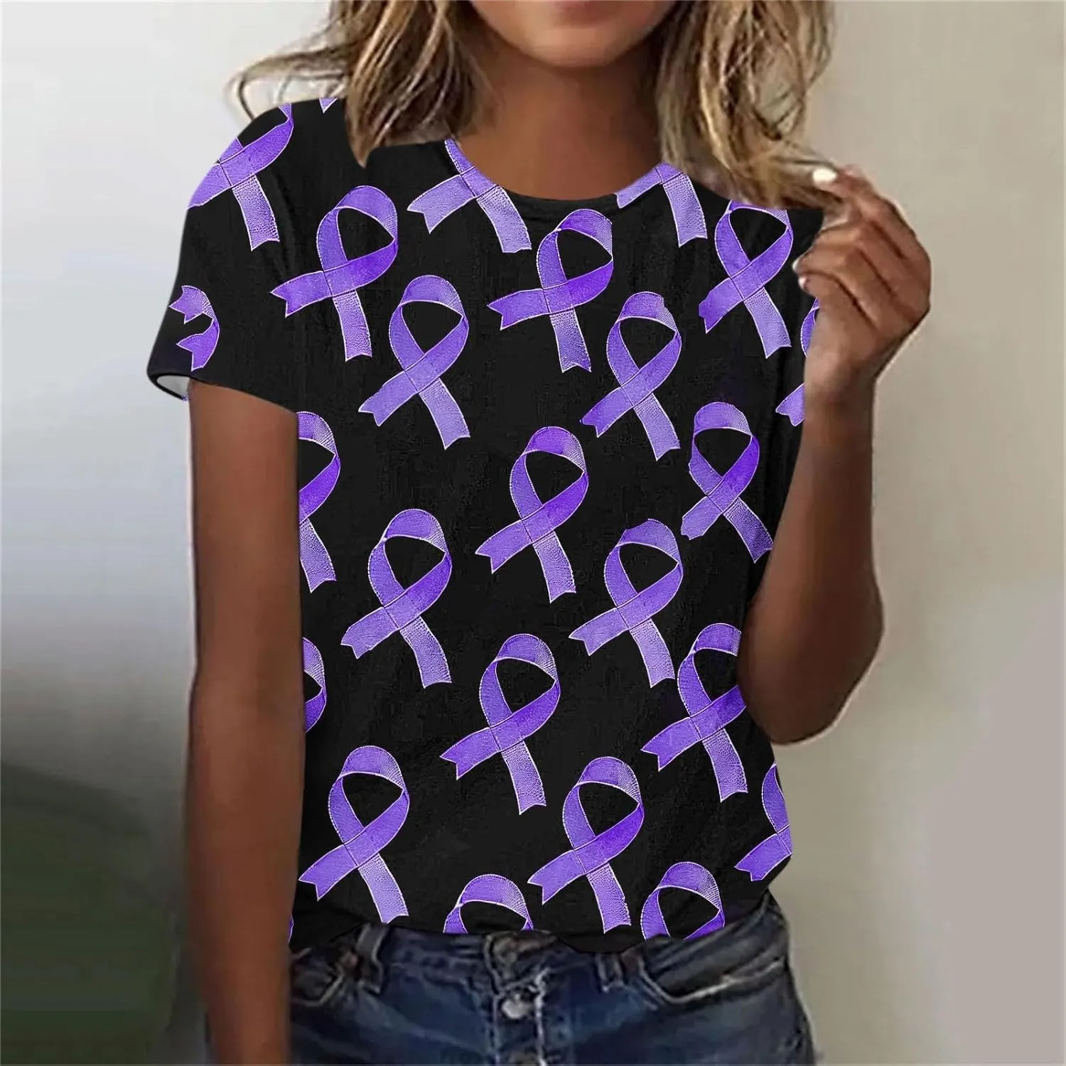 Purple Alzheimers Awareness Shirts Women Summer Floral Print Tops Soft O Neck Short Sleeve Lightweight Breathable Tee