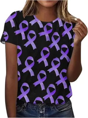 Purple Alzheimers Awareness Shirts Women Summer Floral Print Tops Soft O Neck Short Sleeve Lightweight Breathable Tee