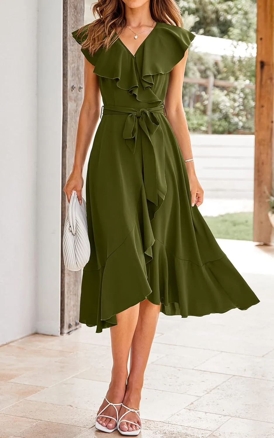 RETTYGARDEN Women's 2025 Summer Cross Midi Dress Casual Boho Deep V Neck Short Sleeve Ruffle Hem Split Beach Long Dresses