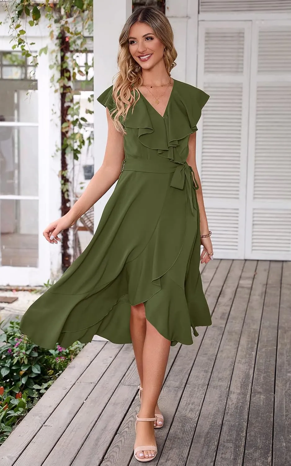 RETTYGARDEN Women's 2025 Summer Cross Midi Dress Casual Boho Deep V Neck Short Sleeve Ruffle Hem Split Beach Long Dresses
