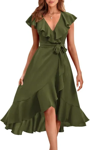 RETTYGARDEN Women's 2025 Summer Cross Midi Dress Casual Boho Deep V Neck Short Sleeve Ruffle Hem Split Beach Long Dresses