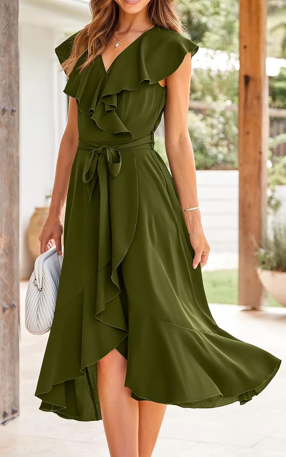 RETTYGARDEN Women's 2025 Summer Cross Midi Dress Casual Boho Deep V Neck Short Sleeve Ruffle Hem Split Beach Long Dresses