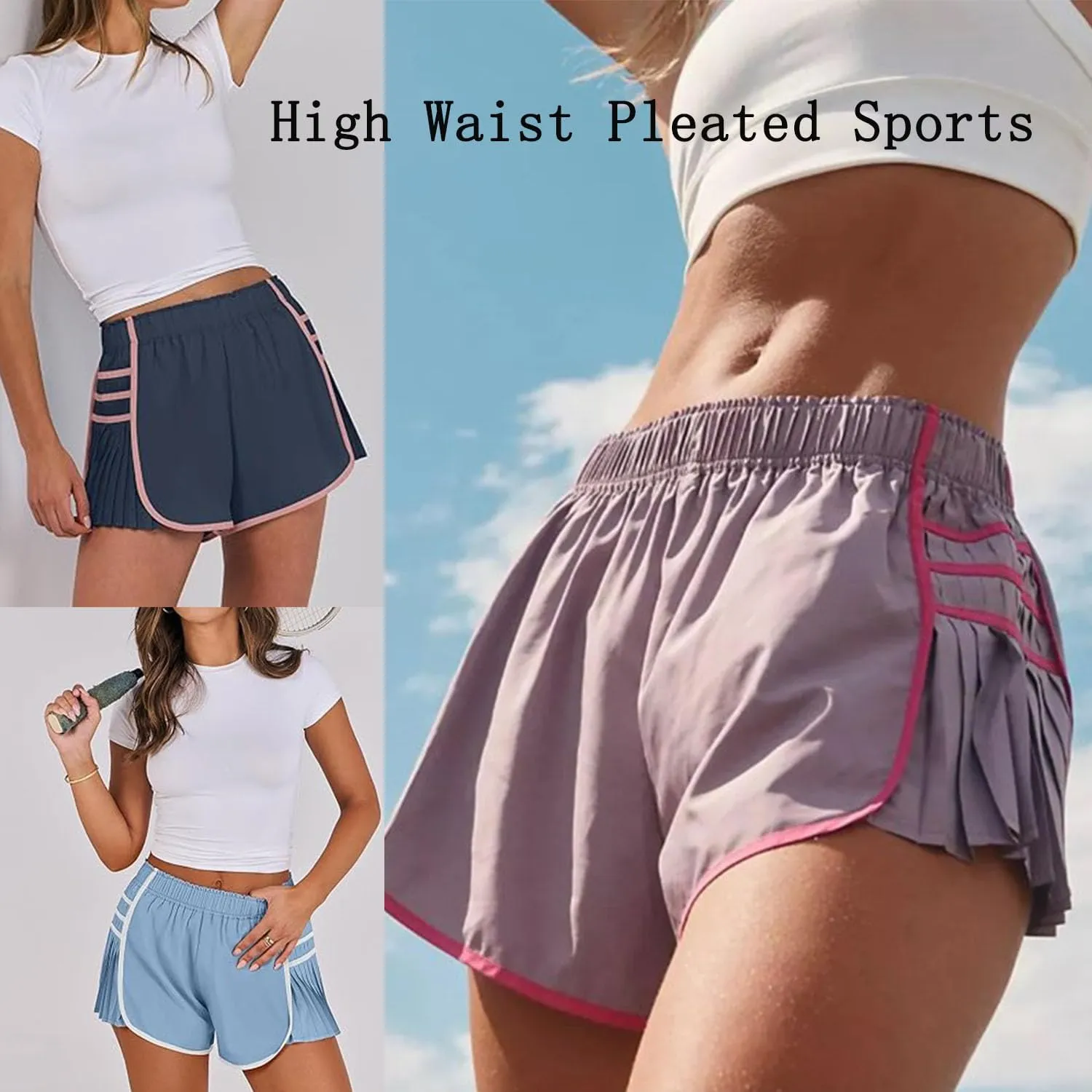 RJDJ High Waist Pleated Sports Shorts, Flowy Running Shorts for Women, Quick Dry Comfortable Athletic Short
