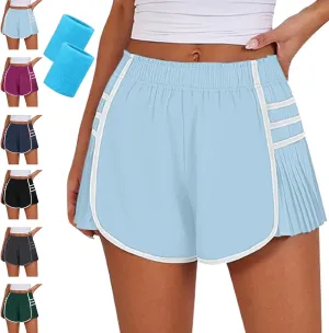 RJDJ High Waist Pleated Sports Shorts, Flowy Running Shorts for Women, Quick Dry Comfortable Athletic Short