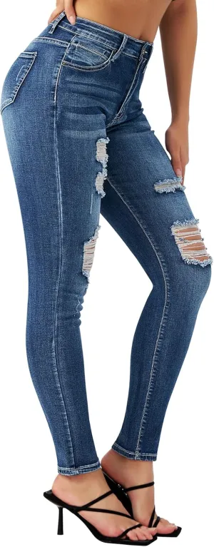 roswear Women's Essentials Ripped Mid Rise Destroyed Skinny Jeans