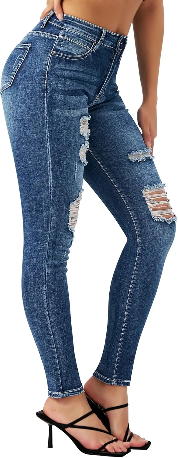roswear Women's Essentials Ripped Mid Rise Destroyed Skinny Jeans