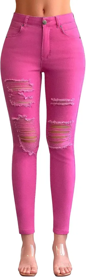 roswear Women's Essentials Ripped Mid Rise Destroyed Skinny Jeans