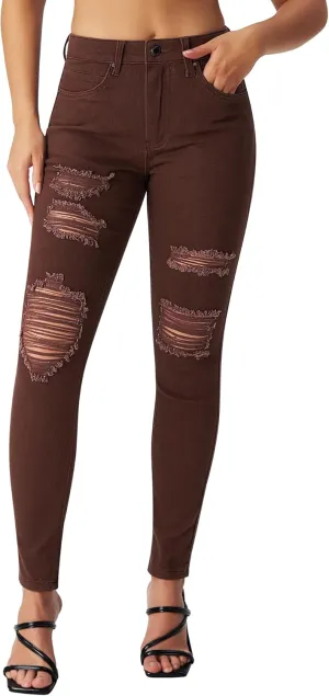 roswear Women's Essentials Ripped Mid Rise Destroyed Skinny Jeans